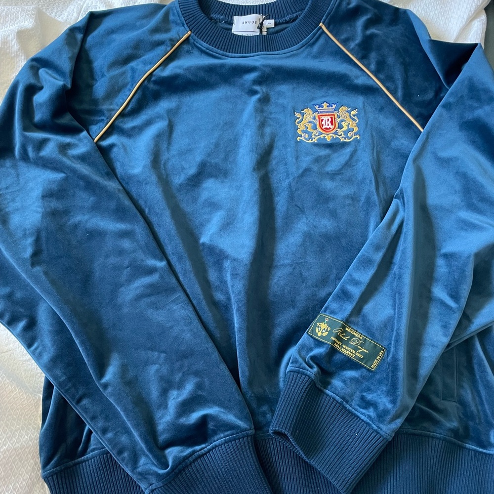Rhude Men's Blue Crest-Embroidered Velour Crewneck Sweater Size XXL